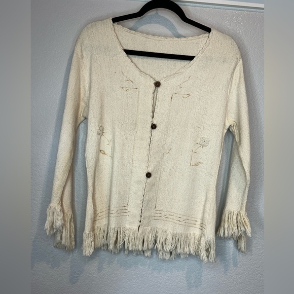 211. Vintage Boho Cream/Ivory Linen Fringed Shacket M - Picture 7 of 8